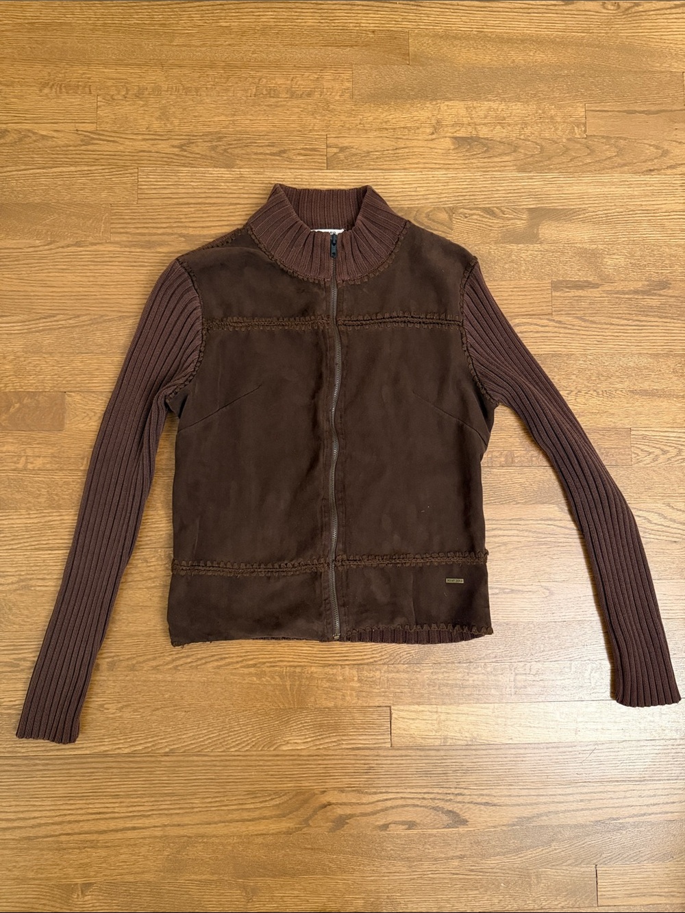 Brown Mixed-Media Zip Front Jacket